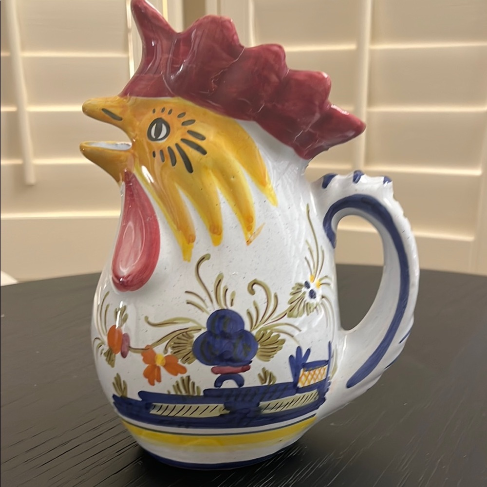 Vintage Signed Deruta Colorful Rooster Ceramic Hand Painted Pitcher from Italy